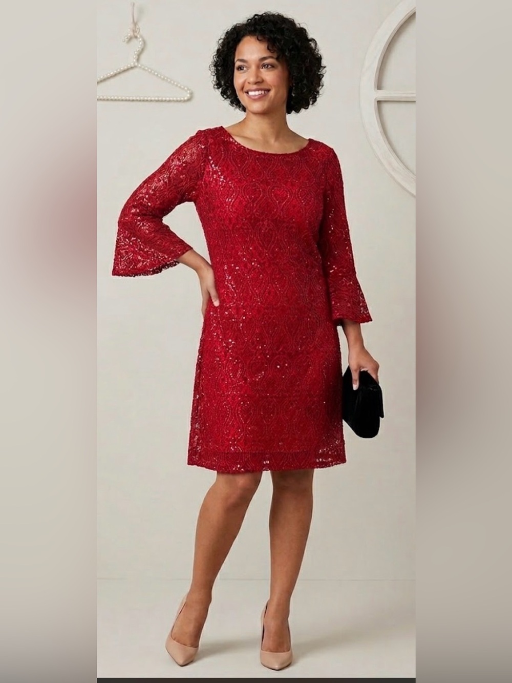 RN Studio Ronni Nicole Red Sequin Lace Shift Dress Petite 16P Bell Sleeve